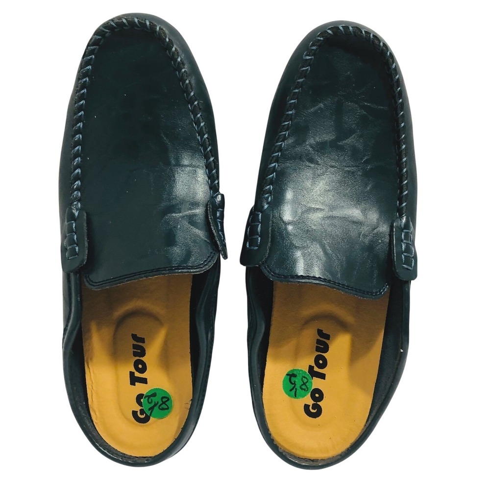 Go Tour Navy Leather Shoes Mule Loafer Backless Slip‎ On Driving Preppy Mens 6.5